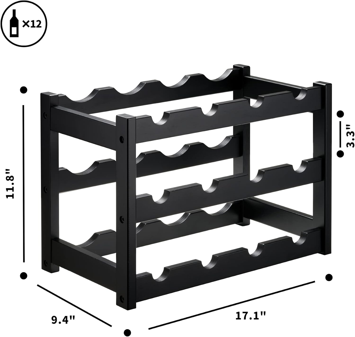 Bamboo Wine Rack, Sturdy and Durable Wine Storage Cabinet Shelf, Wine Racks Countertop for Pantry,Kitchen,3-Tier 12 Bottles Wine Rack Black