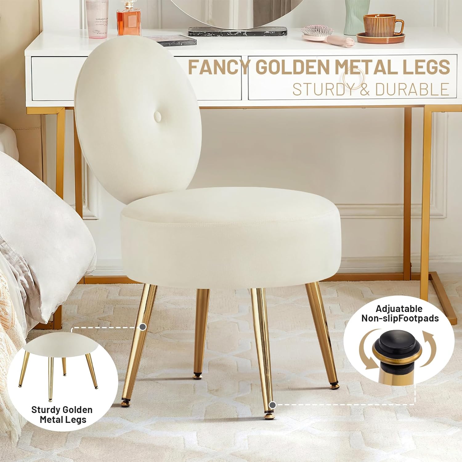 Armless Vanity Chair for Makeup Room, Velvet Vanity Stool with Back, Living Room Chair with Solid Metal Legs for Bedroom, Study Room, Vanity(Khaki)