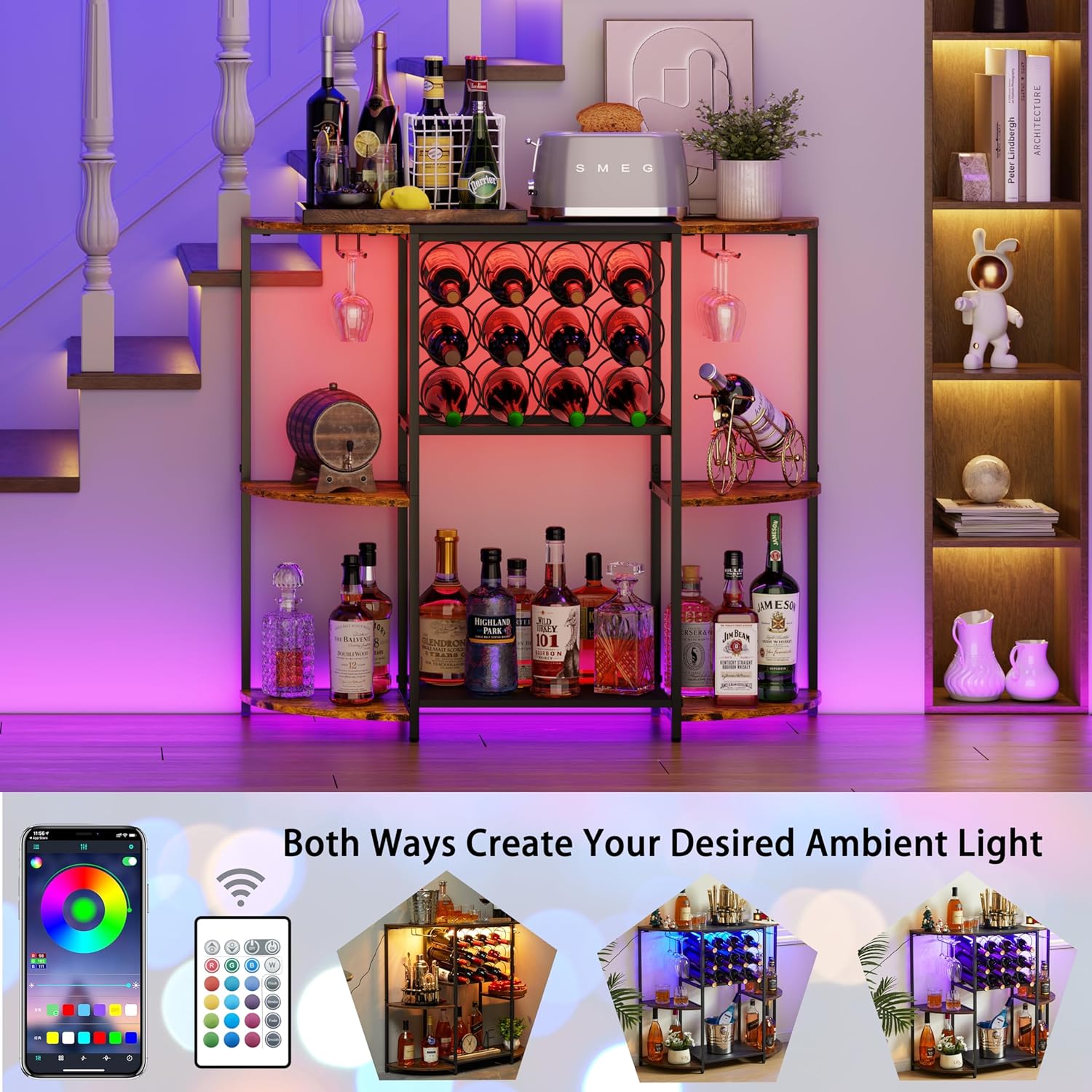 JKsmart Wine Bar Cabinet with LED Lights, Mini Wine Rack with Storage and Glass Holder, Home Bar Cart for Liquor, 3-Tier Bar Table for Kitchen, Dining Room, Living Room, Rustic Brown