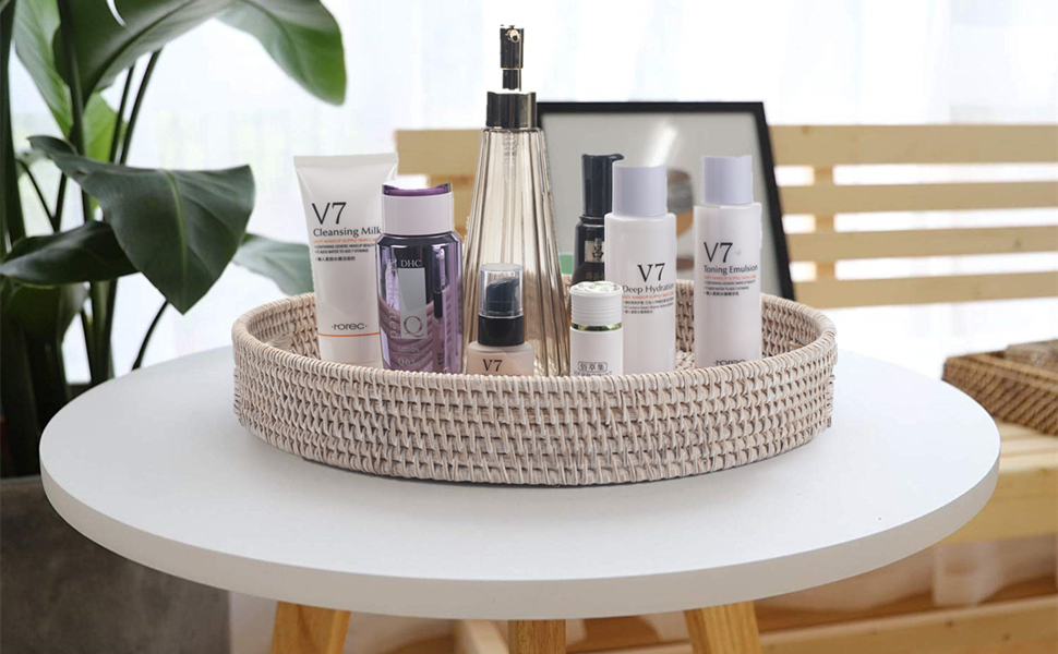 13.8 inch Round Rattan Tray, Decorative Coffee Table Tray, Ottoman Tray, Woven Serving Tray with Handles, Wicker Serving Basket, Whitewash