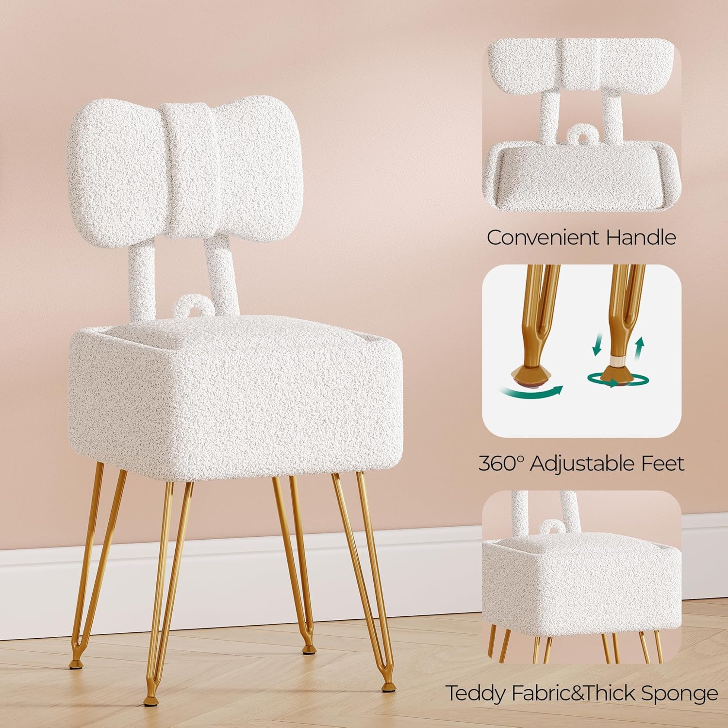 Small Vanity Chair with Storage and Folding Back, 14.2" D x 12.6" W x 28.3" H Soft Storage Ottoman, Footrest Stool, Teddy Fleece Vanity Stool for Makeup, Bedroom, Living Room, White