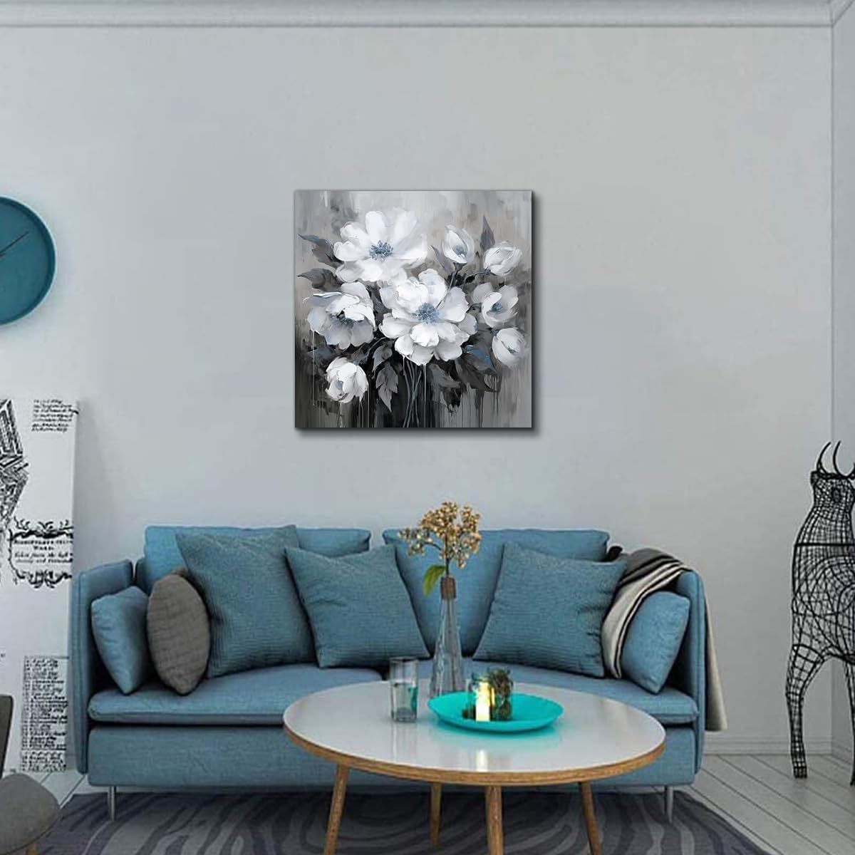 Bathroom Canvas Wall Art, Bathroom Wall Decor,Living Room, Bedroom,Office,Small Gray and White Blue Flower Wall Decoration, 12x12 inches