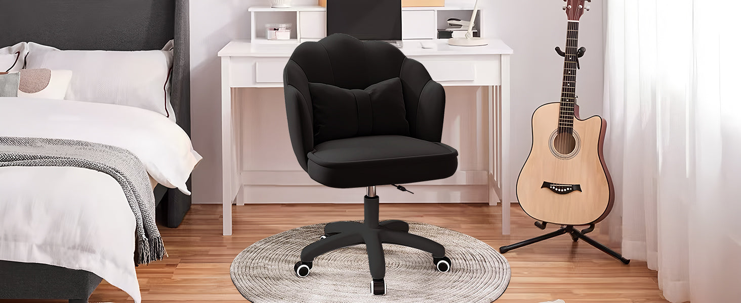 Chair with Bow Cushion Velvet Vanity Chair with Wheels, Upholstered Home Office Chair for Girls Women, Mid-Back Swivel Computer Task Chairs for Living Room Bedroom