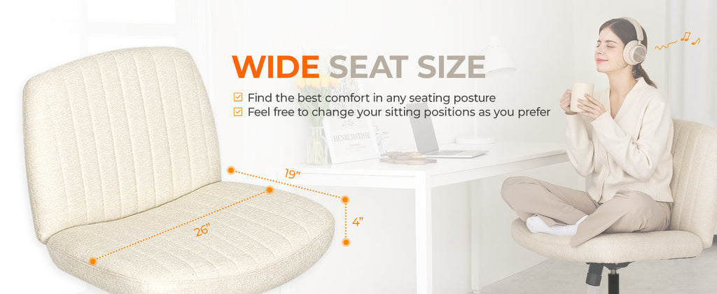 Chair Wheels Wide Cross Legged Office Desk Vanity Chair Comfy Fabric Armless Adjustable Swivel for Home Computer Task (Beige Wheel, Fabric)
